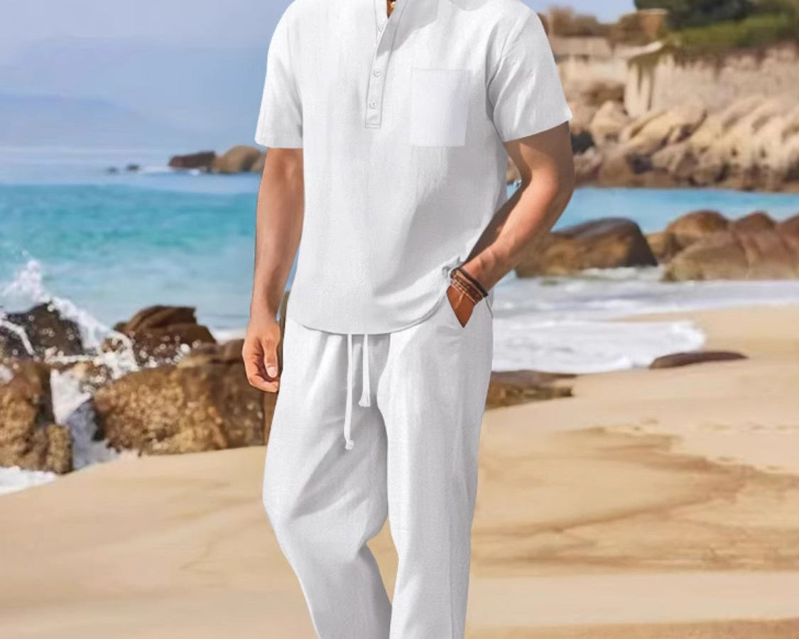 NEWYORKLISTED ATLAS MEN"S COLLECTION Half Button Top and Drawstring Pants Set - White