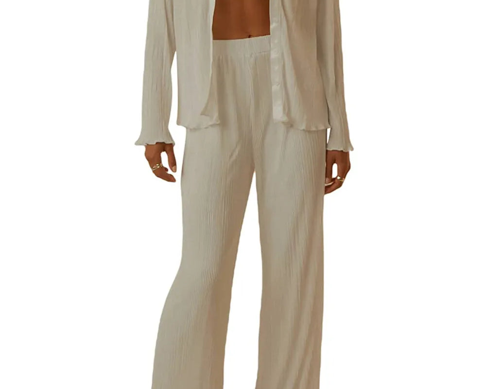 NEWYORKLISTED Intimate Apparel Collection: Beige pajama set with matching top and pants on a white background