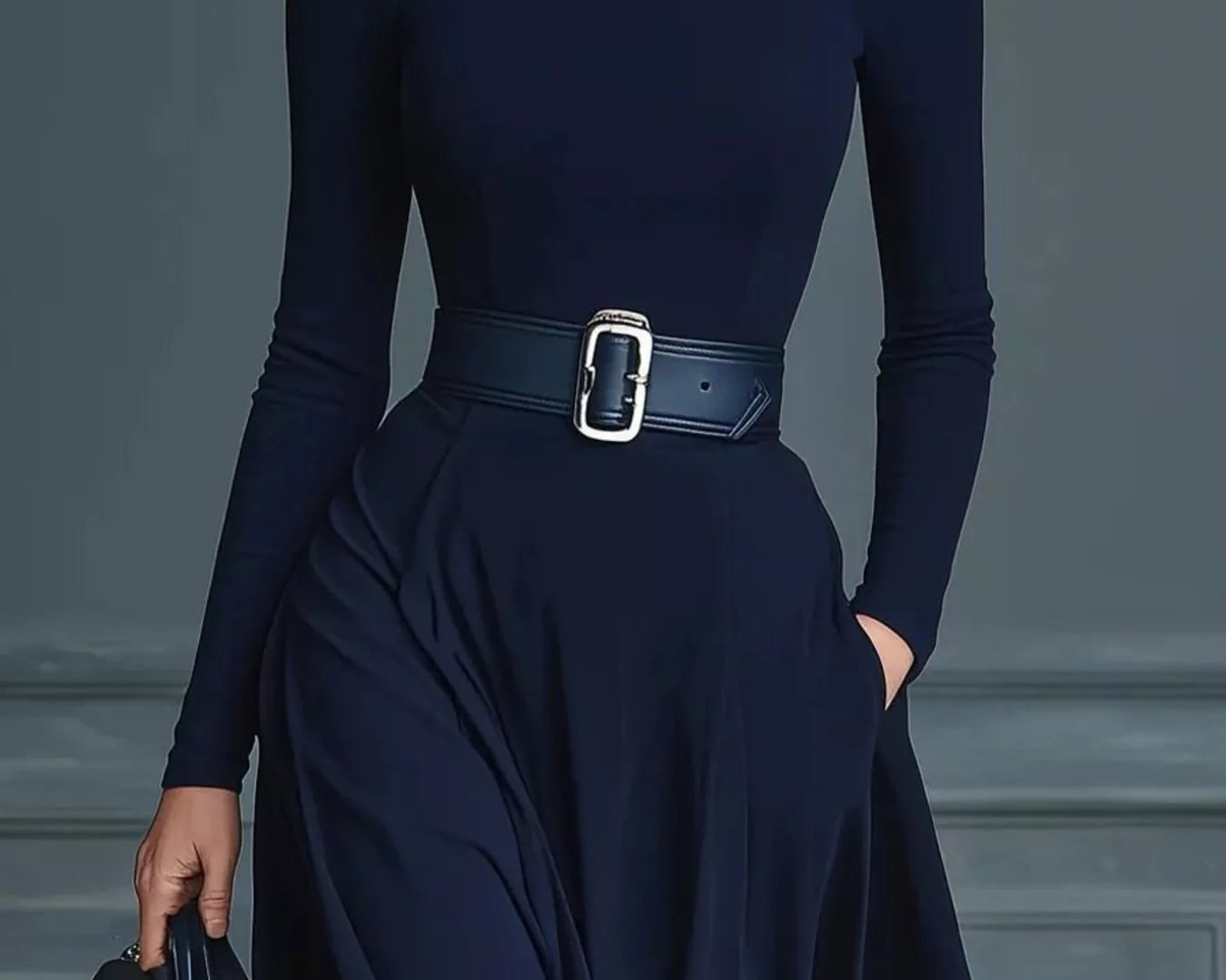 NEWYORKLISTED STYLE COLLECTION: Person wearing a navy blue turtleneck and skirt with a belt, holding a matching handbag against a gray background.