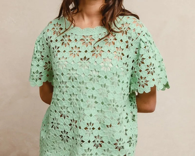 NEWYORKLISTED openwork crochet knit short sleeve top with lace eyelet detail – bohemian and stylish with hat