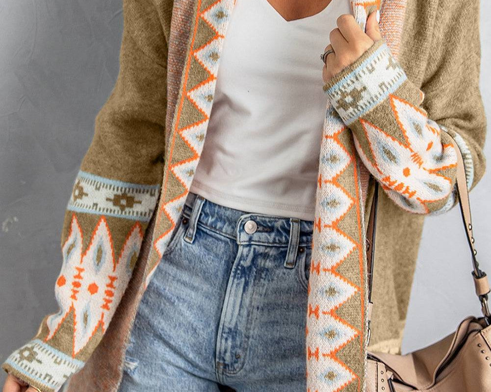 Geometric Open Front Long Sleeve Cardigan - NEWYORKLISTED