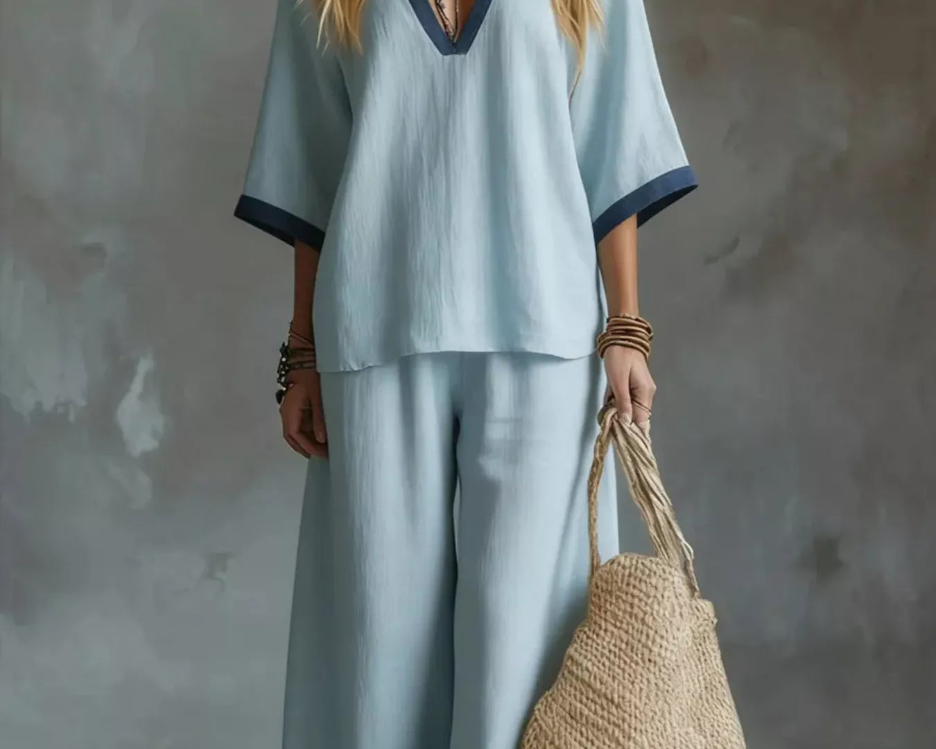 NEWYORKLISTED STYLE COLLECTION: Woman in light blue outfit holding a woven bag against a neutral background