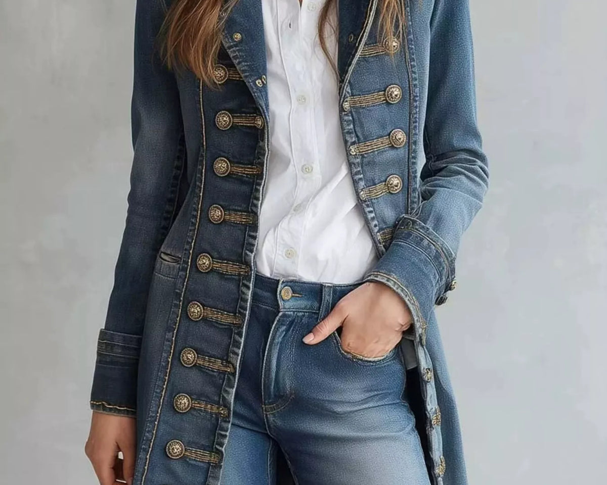 NEWYORKLISTED STYLE COLLECTION – Women's long blue denim military-style jacket featuring decorative gold buttons, structured collar, tailored silhouette, and long sleeves, styled with a white button-down shirt and blue jeans.