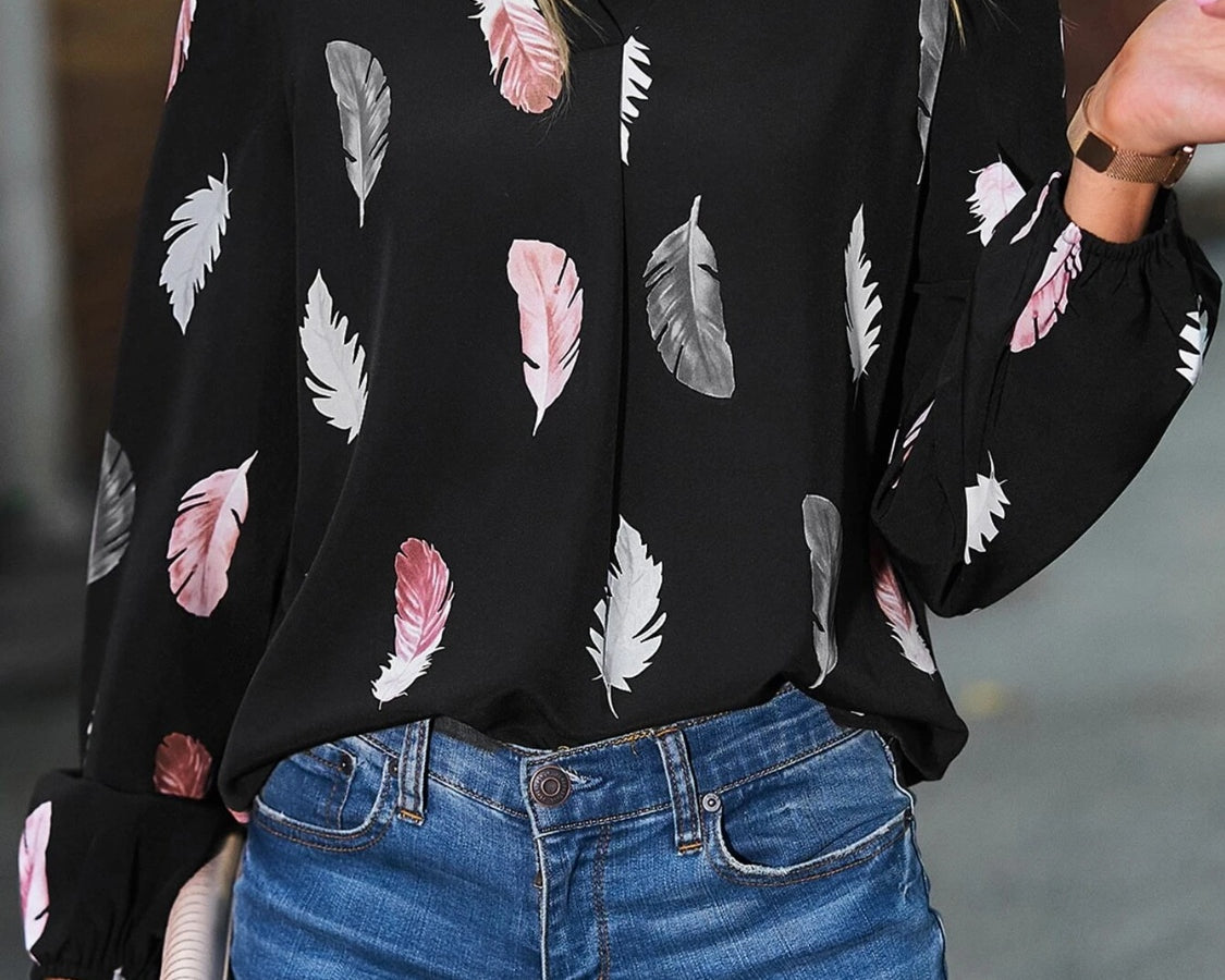 NEWYORKLISTED STYLE COLLECTION: Feather Print Balloon Sleeve Top - NEWYORKLISTED