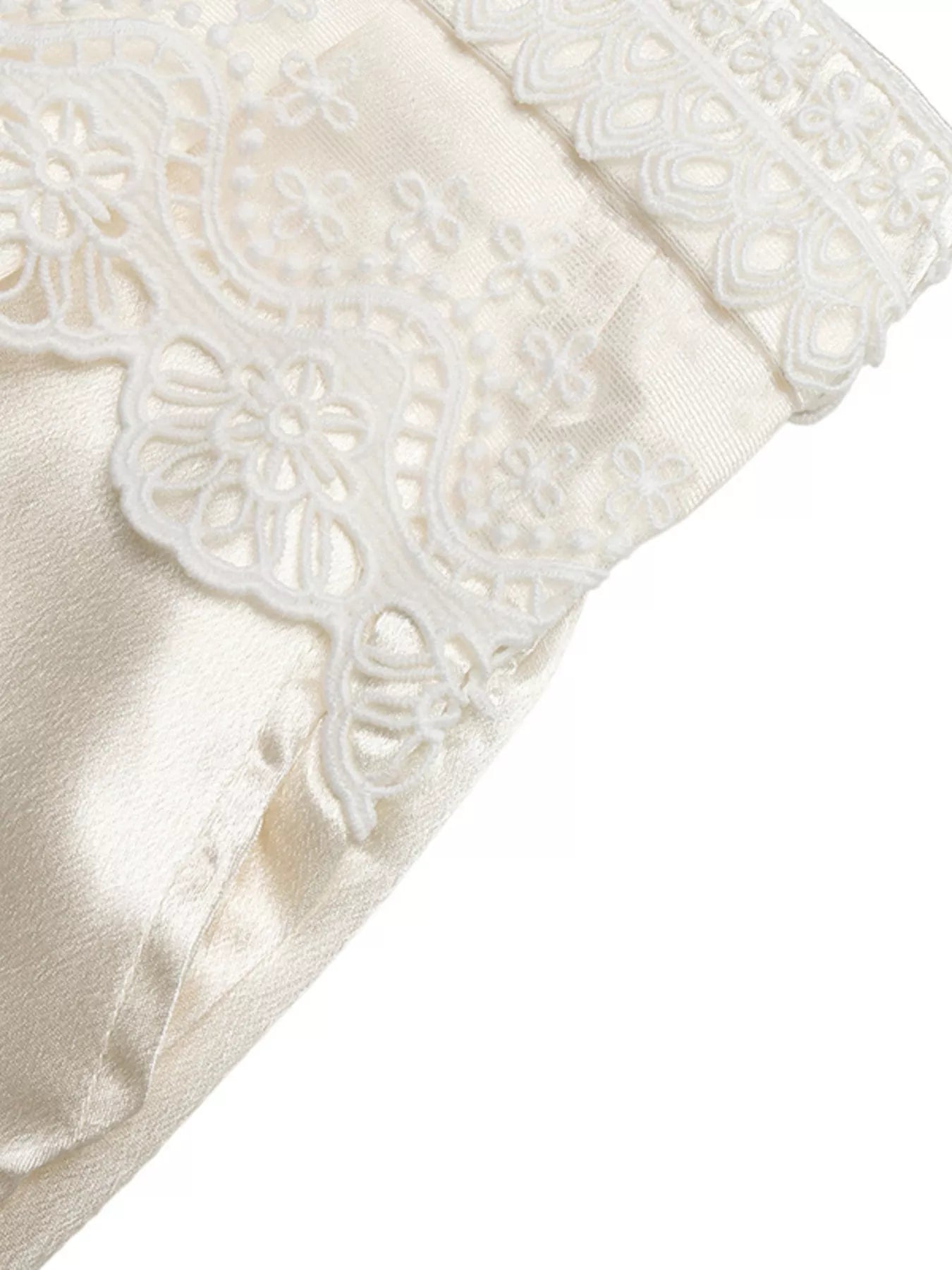 NEWYORKLISTED STYLE COLLECTION: Close-up of a white satin pillow with lace trim on a white background