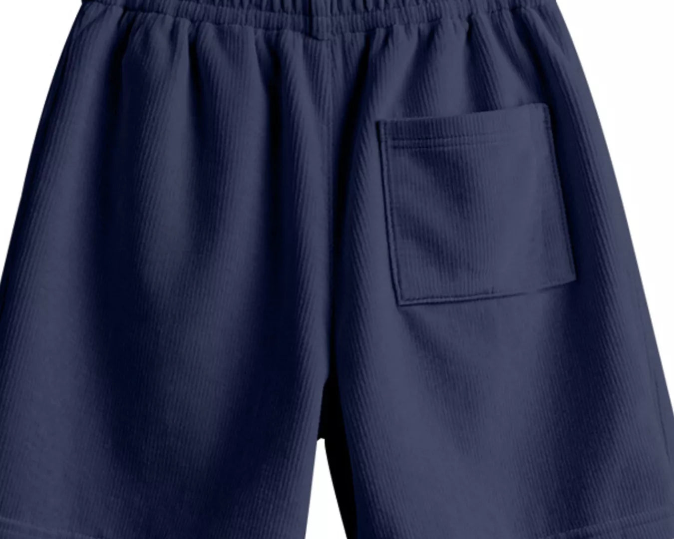 NEWYORKLISTED ATLAS MEN'S COLLECTION: Navy blue shorts on a hanger against a white background