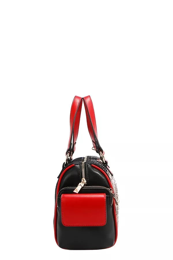 NEWYORKLISTED STYLE COLLECTION: Black and red handbag with a visible brand logo on a white background