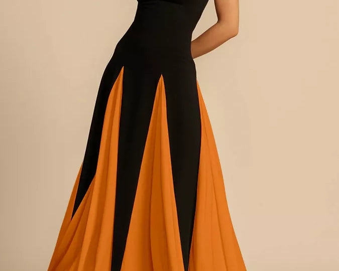 NEWYORKLISTED STYLE COLLECTION: Black and orange evening gown on a beige background