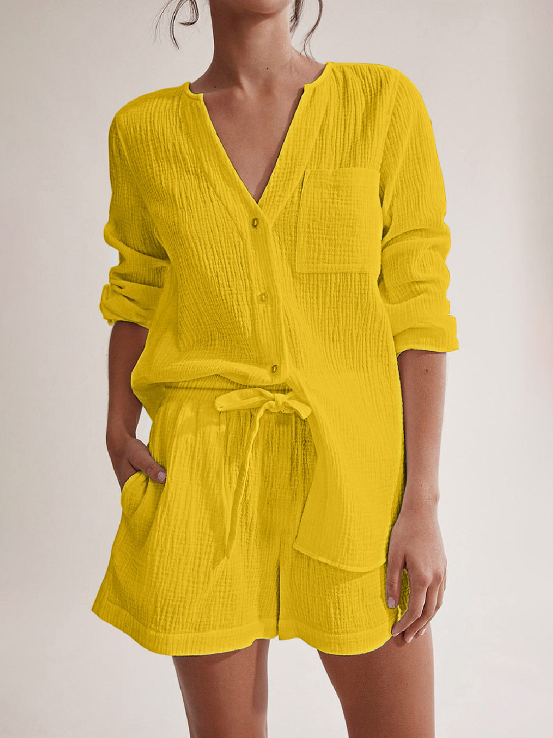 NYLD: Notched Long Sleeve Top and Shorts Set - NEWYORKLISTED