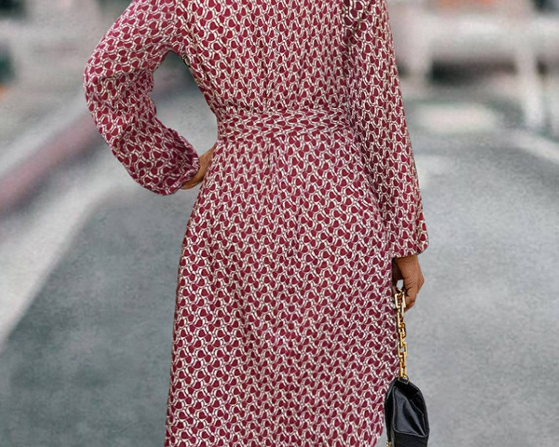 Tied Printed Notched Balloon Sleeve Dress - NEWYORKLISTED