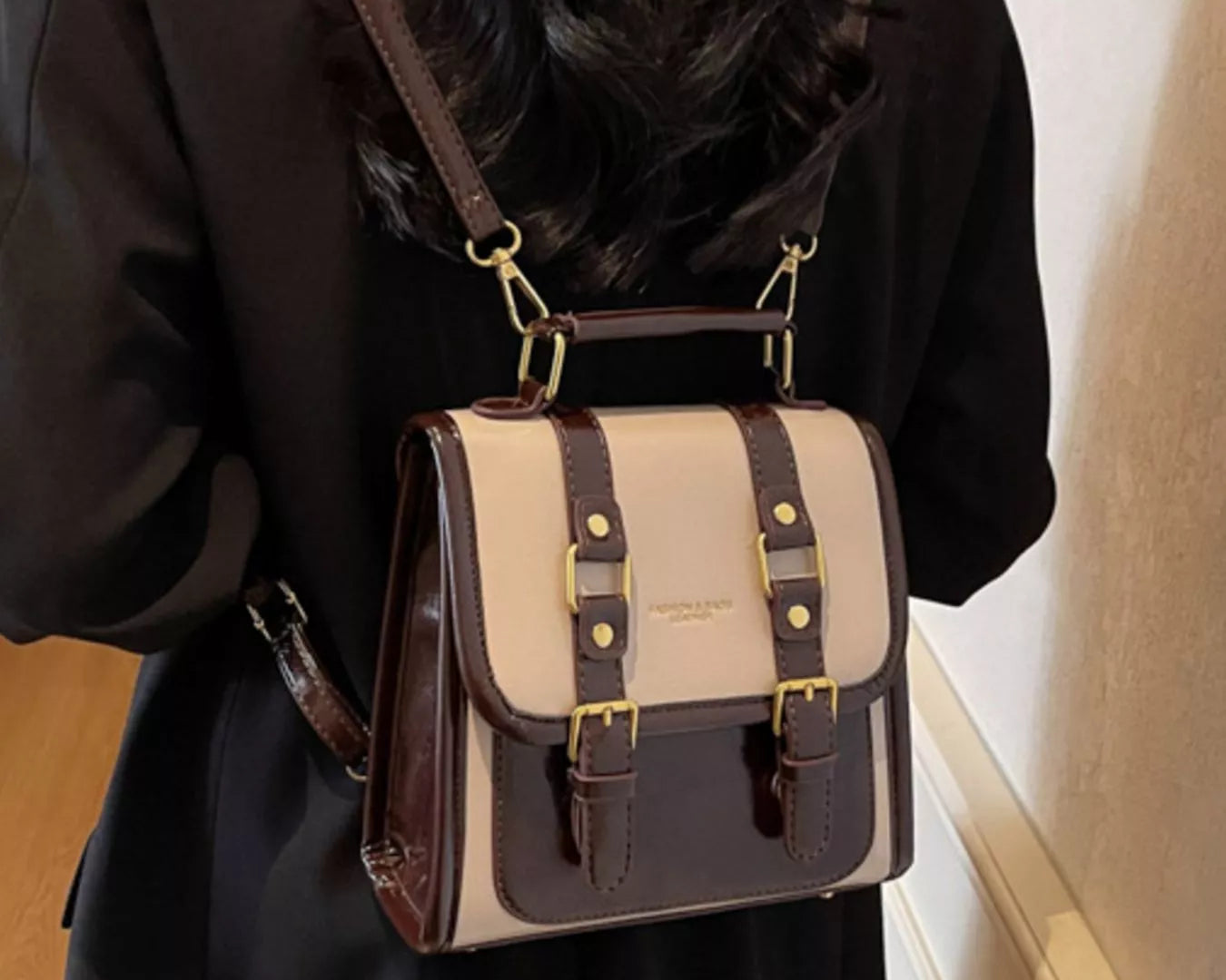 NEWYORKLISTED STYLE COLLECTION: Person wearing a brown and beige backpack indoors