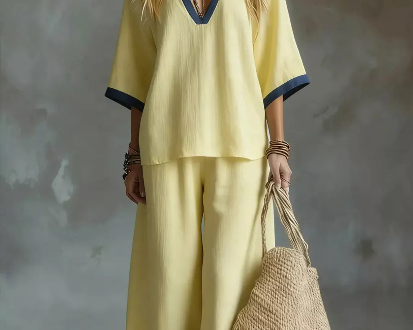 NEWYORKLISTED STYLE COLLECTION: Woman in a yellow outfit holding a woven bag against a textured gray background