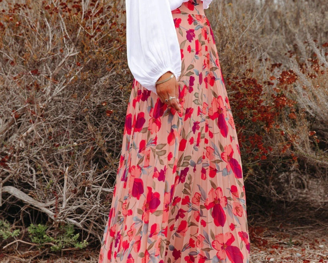 Printed Elastic Waist Pleated Maxi Skirt - NEWYORKLISTED