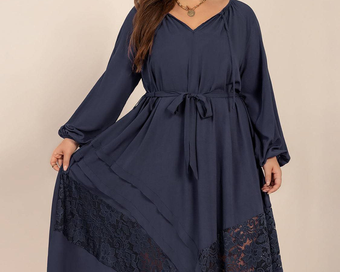 Plus Size Lace Detail Tie Neck Long Sleeve Midi Dress - NEWYORKLISTED