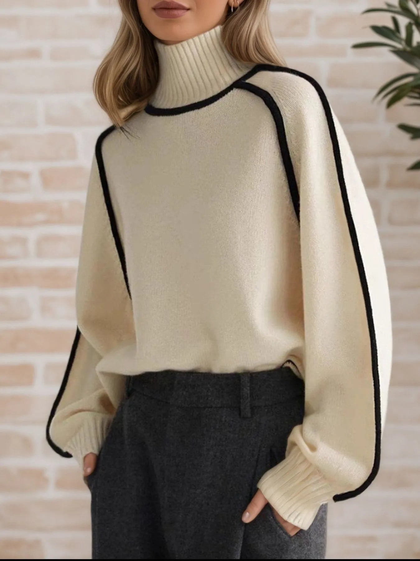 NEWYORKLISTED STYLE COLELCTION: Person wearing a cream sweater with black trim against a brick wall.