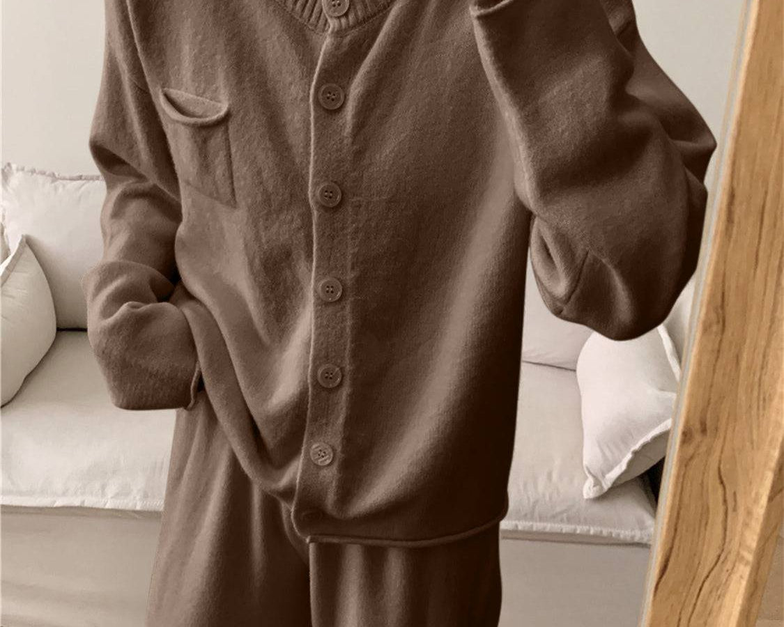 NEWYORKLISTED STYLE COLLECTION: Pocketed Round Neck Button Up Cardigan and Pants Sweater Set - NEWYORKLISTED