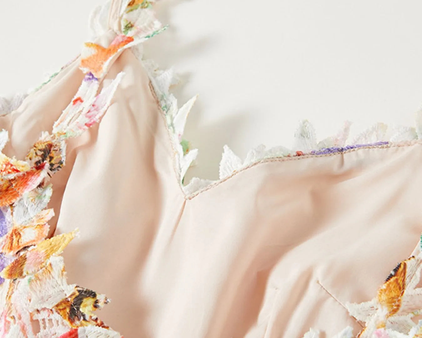 NEWYORKLISTED STYLE COLLECTION: Close-up of a floral dress with colorful embroidery on a light background