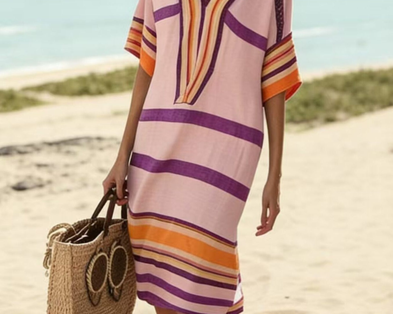 NEWYORKLISTED STYLE COLLECTION: Woman in a colorful striped dress on a beach