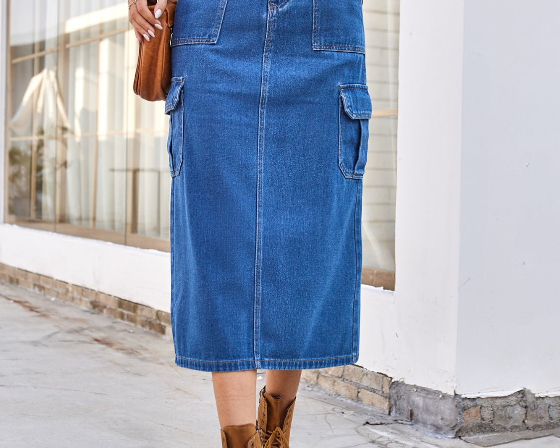 Slit Midi Denim Skirt with Pockets - NEWYORKLISTED