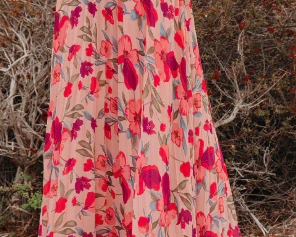 Printed Elastic Waist Pleated Maxi Skirt - NEWYORKLISTED