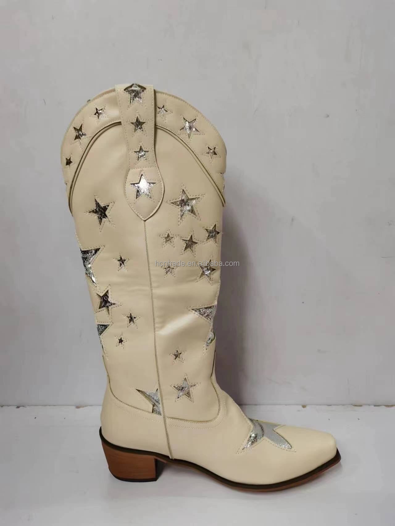 BUSY GIRL XY4068 Womens Western Boots Knee High Classic Star Black Heels Hiking Party Shoes Black Leather Cowboy Boots for Women - NEWYORKLISTED