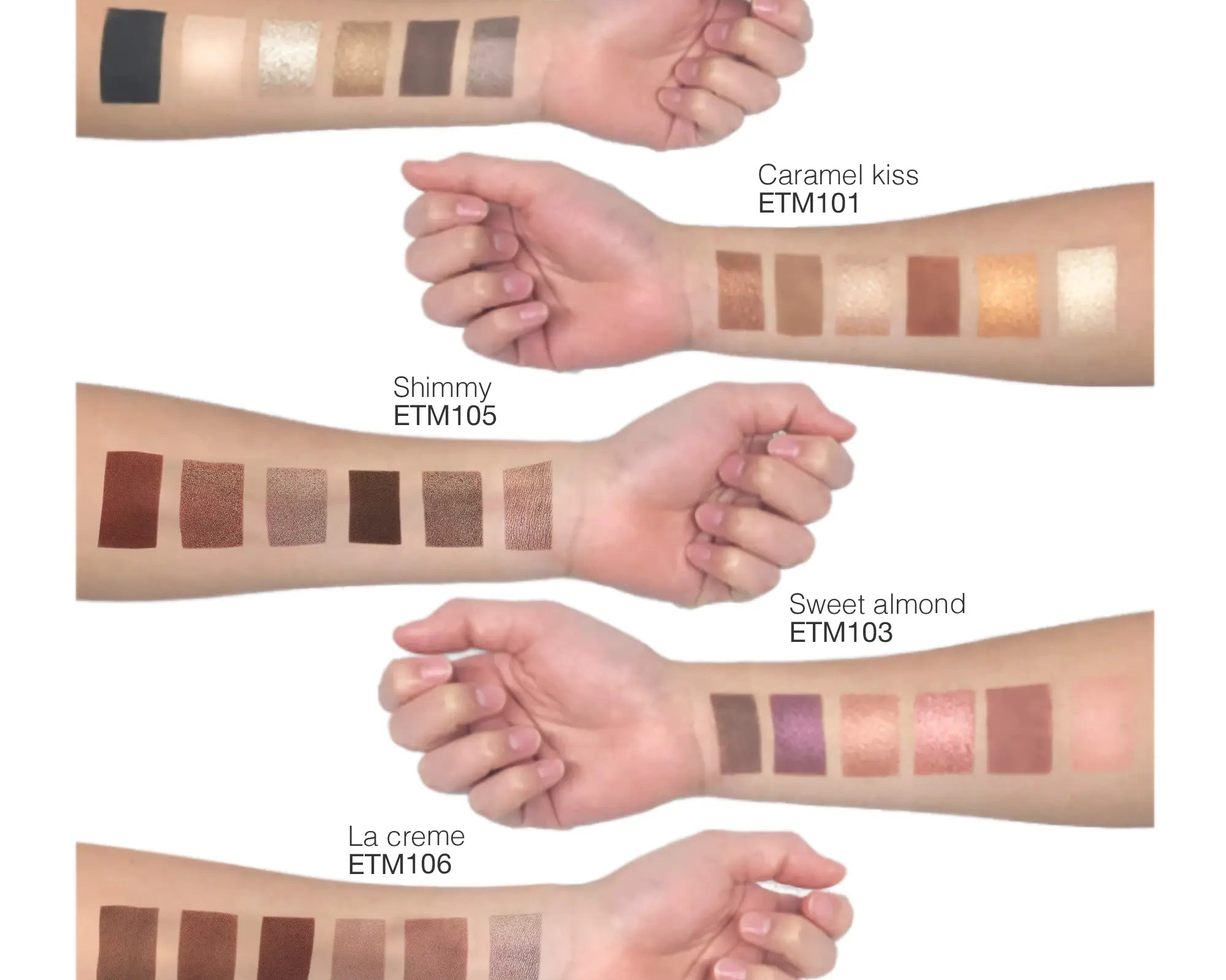 NEWYORKLISTED COSMETIC COLLECTION: Eyeshadow Palette - Caramel Kiss, Color swatches on arms with labels for different makeup shades.