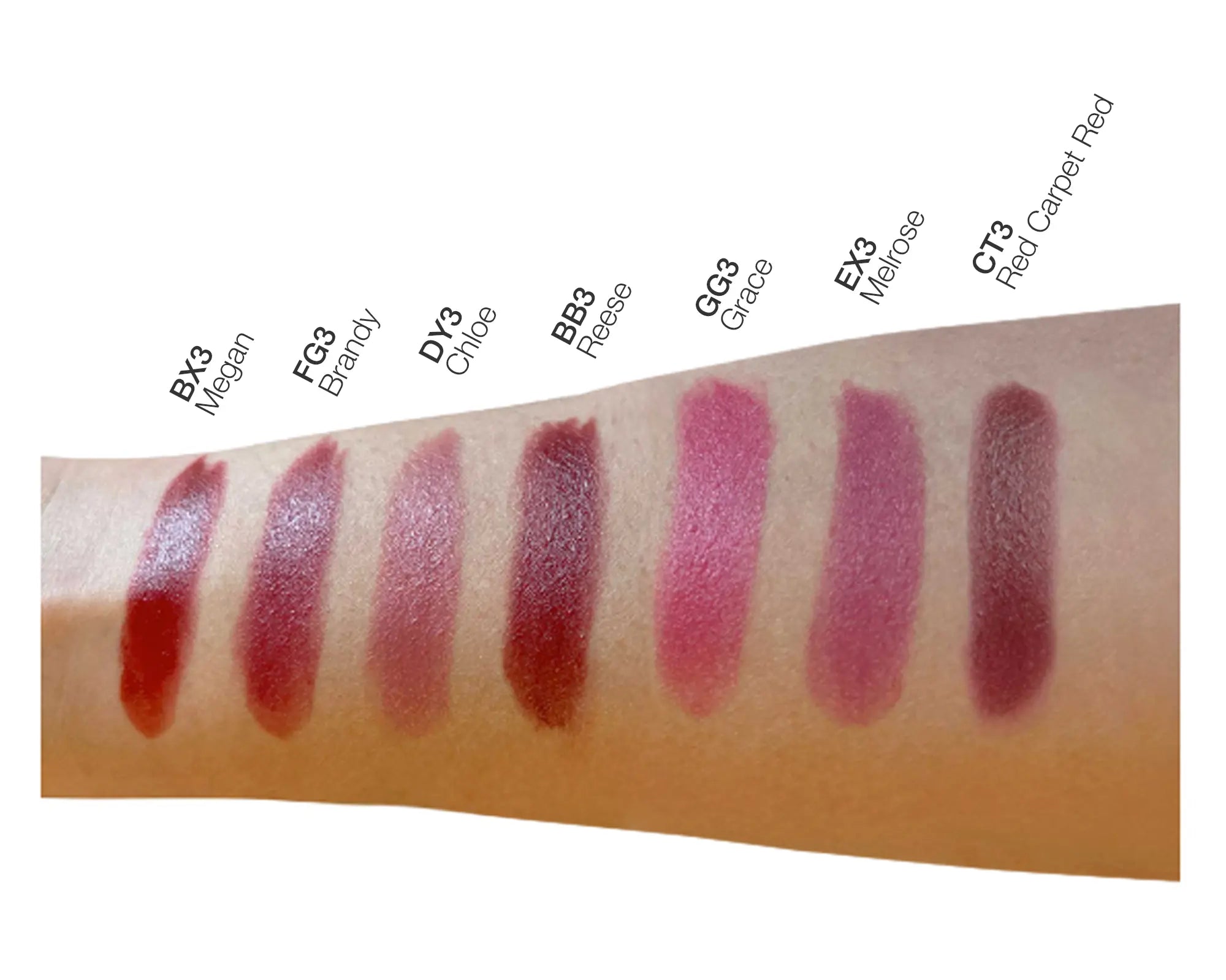 NEWYORKLISTED COSMETIC COLLECTION Luxury Matte Lipstick – colors shown on skin in various shades.