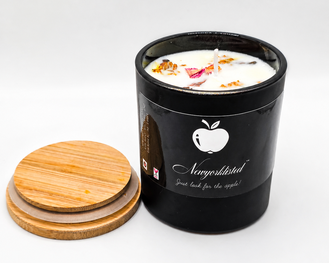 NEWYORKLISTED LUXURY SENSORY COLLECTION™: Botanical Wood Wick Candle – Hand-Poured Luxury Spa Candle: Black candle container with a white candle inside, wooden lid, and 'Newfoundland' branding on a white background.