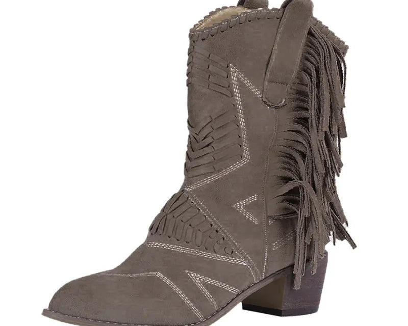2022 Women Boots Western Cowgirl Fringe Boots Vintage Motorcycle Riding Boots Thick High Heel Leather Plus Size Chaussure Femme - NEWYORKLISTED
