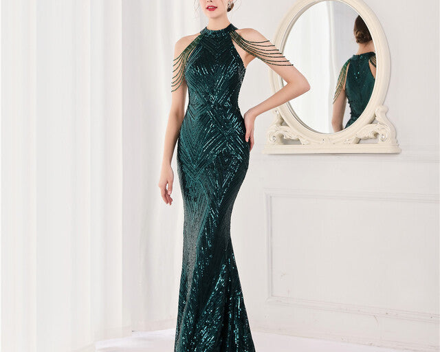 Backless Lace Evening Dress Women Party Long Wear Sequin Fishtail Silk Sexy Dresses Gowns for Women Evening Dresses Elegant - NEWYORKLISTED