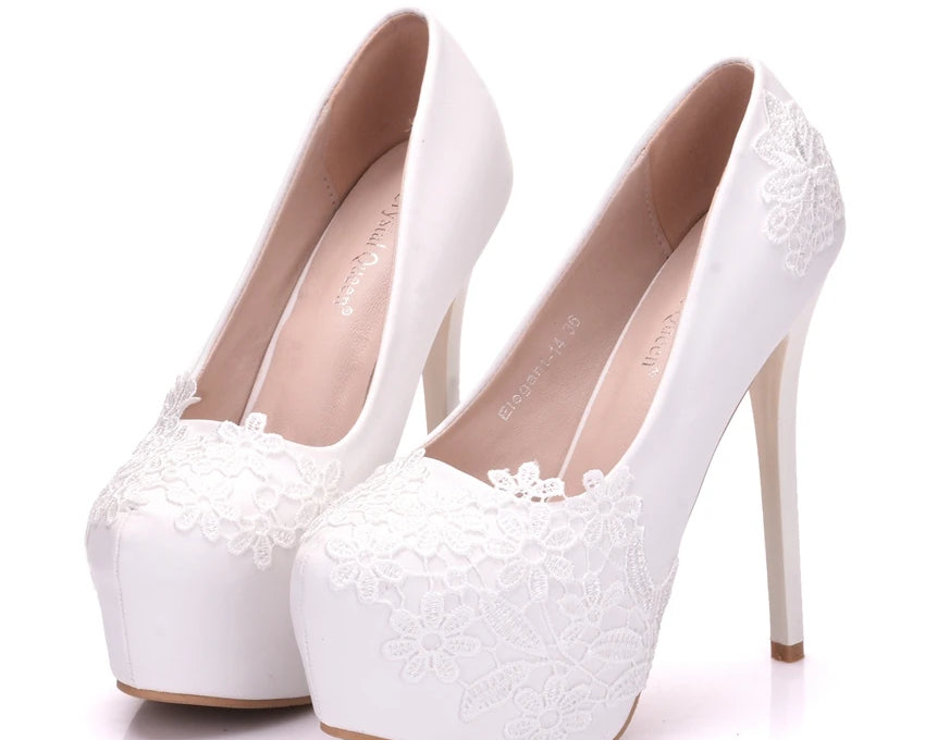 White Lace High Heels Wedding Shoes Bride Party Shoes Women Pumps Paltform Ladies Sandals Bridal Shoes Ankle Strap Wedges - NEWYORKLISTED
