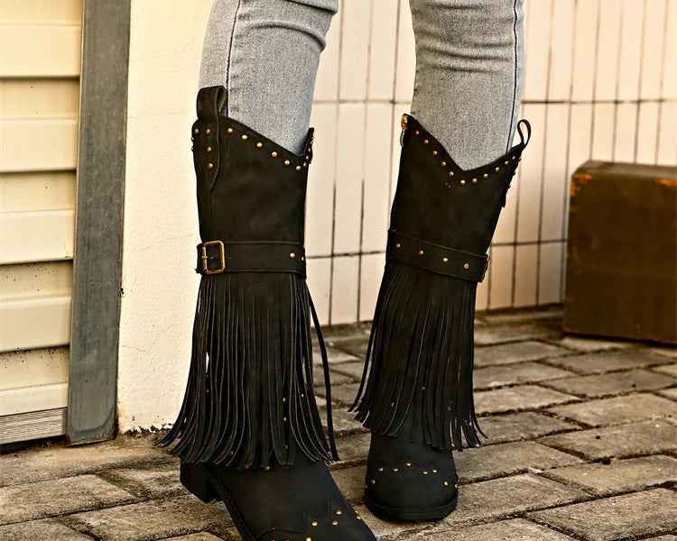 Women's Fashion Western Cowgirl Cowboy Boots Wide Pointed Toe Mid Calf Womens PU Leather Tassel Boots - NEWYORKLISTED