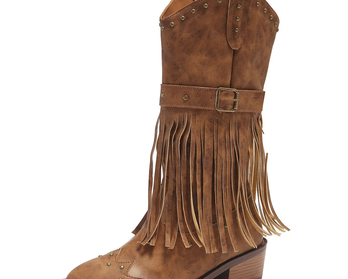 Women's Fashion Western Cowgirl Cowboy Boots Wide Pointed Toe Mid Calf Womens PU Leather Tassel Boots - NEWYORKLISTED