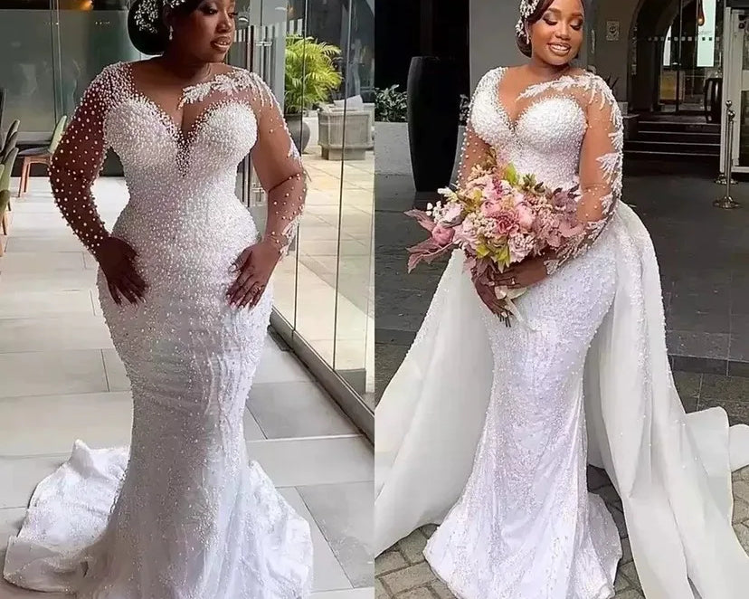 NEWYORKLISTED ELEGANT BRIDE COLLECTION: Pearl-Embellished Illusion Sleeve Plus-Size Wedding Dress with Detachable Train - NEWYORKLISTED