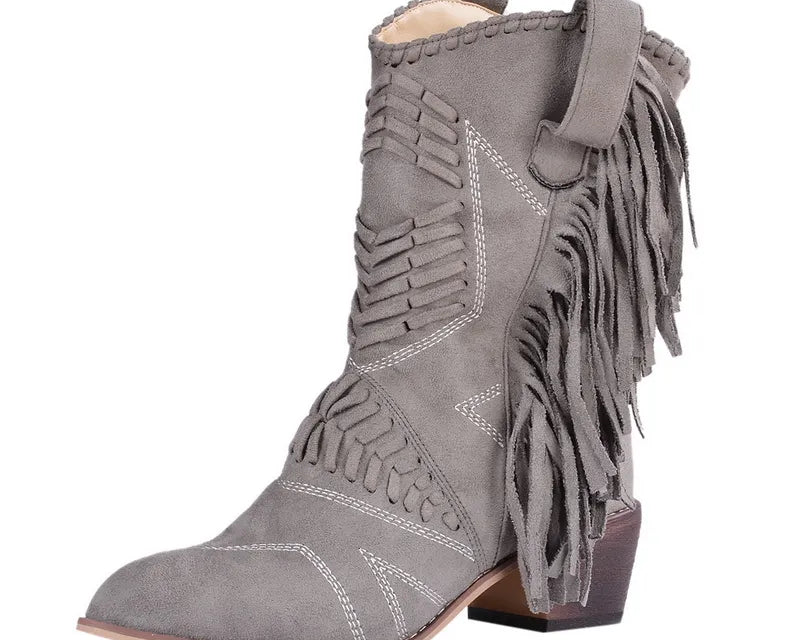 2022 Women Boots Western Cowgirl Fringe Boots Vintage Motorcycle Riding Boots Thick High Heel Leather Plus Size Chaussure Femme - NEWYORKLISTED