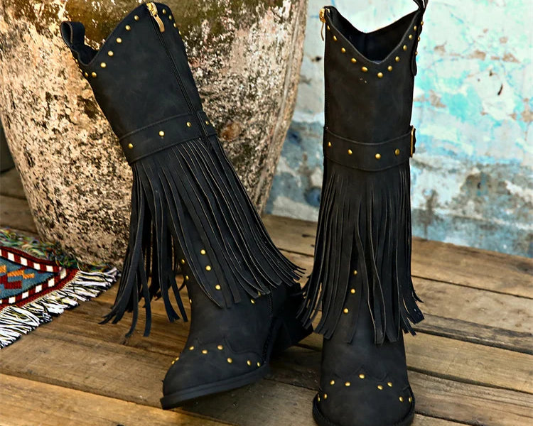 Women's Fashion Western Cowgirl Cowboy Boots Wide Pointed Toe Mid Calf Womens PU Leather Tassel Boots - NEWYORKLISTED