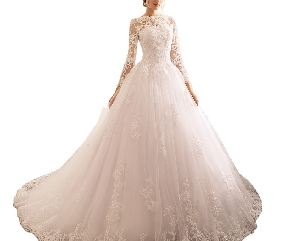 Elegant Wedding Dress New Large Fashion Long Sleeve Round Neck Lace Flax - NEWYORKLISTED