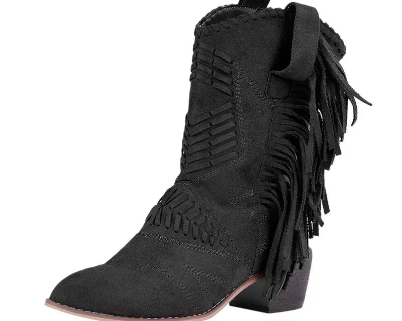 2022 Women Boots Western Cowgirl Fringe Boots Vintage Motorcycle Riding Boots Thick High Heel Leather Plus Size Chaussure Femme - NEWYORKLISTED