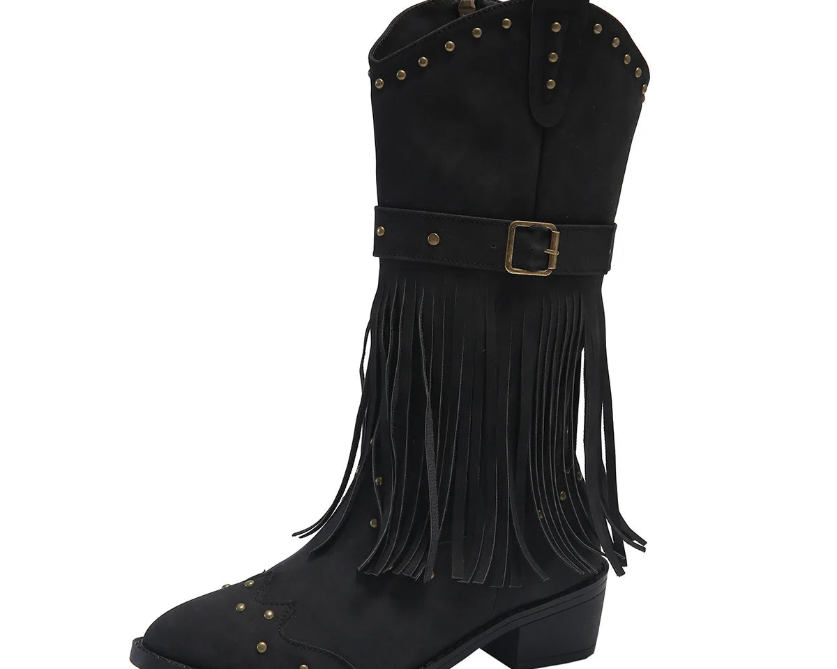 Women's Fashion Western Cowgirl Cowboy Boots Wide Pointed Toe Mid Calf Womens PU Leather Tassel Boots - NEWYORKLISTED