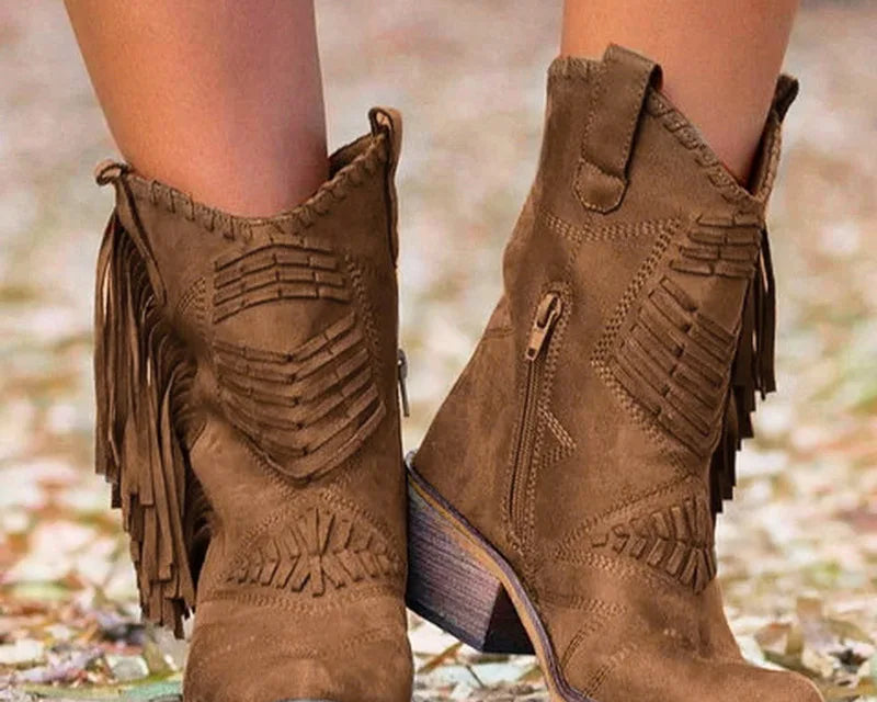 2022 Women Boots Western Cowgirl Fringe Boots Vintage Motorcycle Riding Boots Thick High Heel Leather Plus Size Chaussure Femme - NEWYORKLISTED