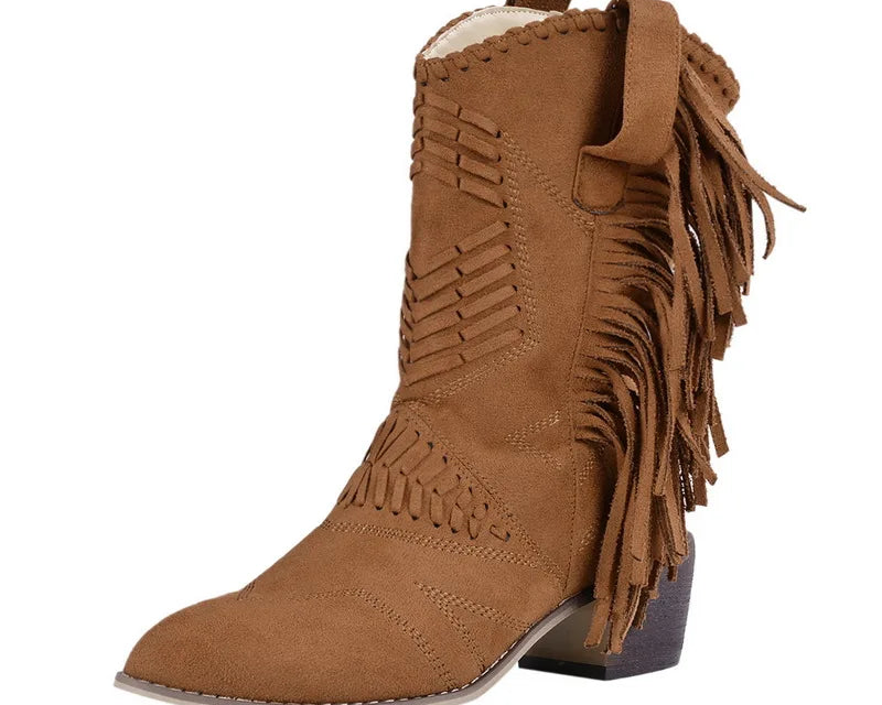 2022 Women Boots Western Cowgirl Fringe Boots Vintage Motorcycle Riding Boots Thick High Heel Leather Plus Size Chaussure Femme - NEWYORKLISTED