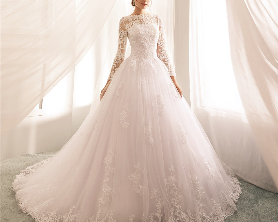 Elegant Wedding Dress New Large Fashion Long Sleeve Round Neck Lace Flax - NEWYORKLISTED