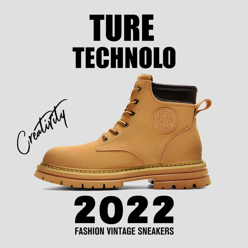 NEWYORKLISTED: Tan sneaker with brand logo on a light gray background, featuring text 'Ture Technolo', 'Creativity', and '2022 Fashion Vintage Sneakers'.