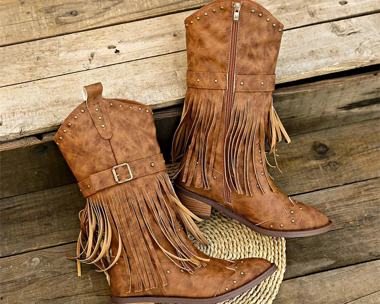 Women's Fashion Western Cowgirl Cowboy Boots Wide Pointed Toe Mid Calf Womens PU Leather Tassel Boots - NEWYORKLISTED