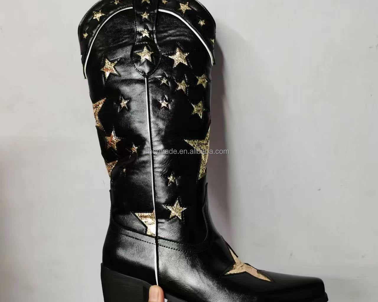BUSY GIRL XY4068 Womens Western Boots Knee High Classic Star Black Heels Hiking Party Shoes Black Leather Cowboy Boots for Women - NEWYORKLISTED