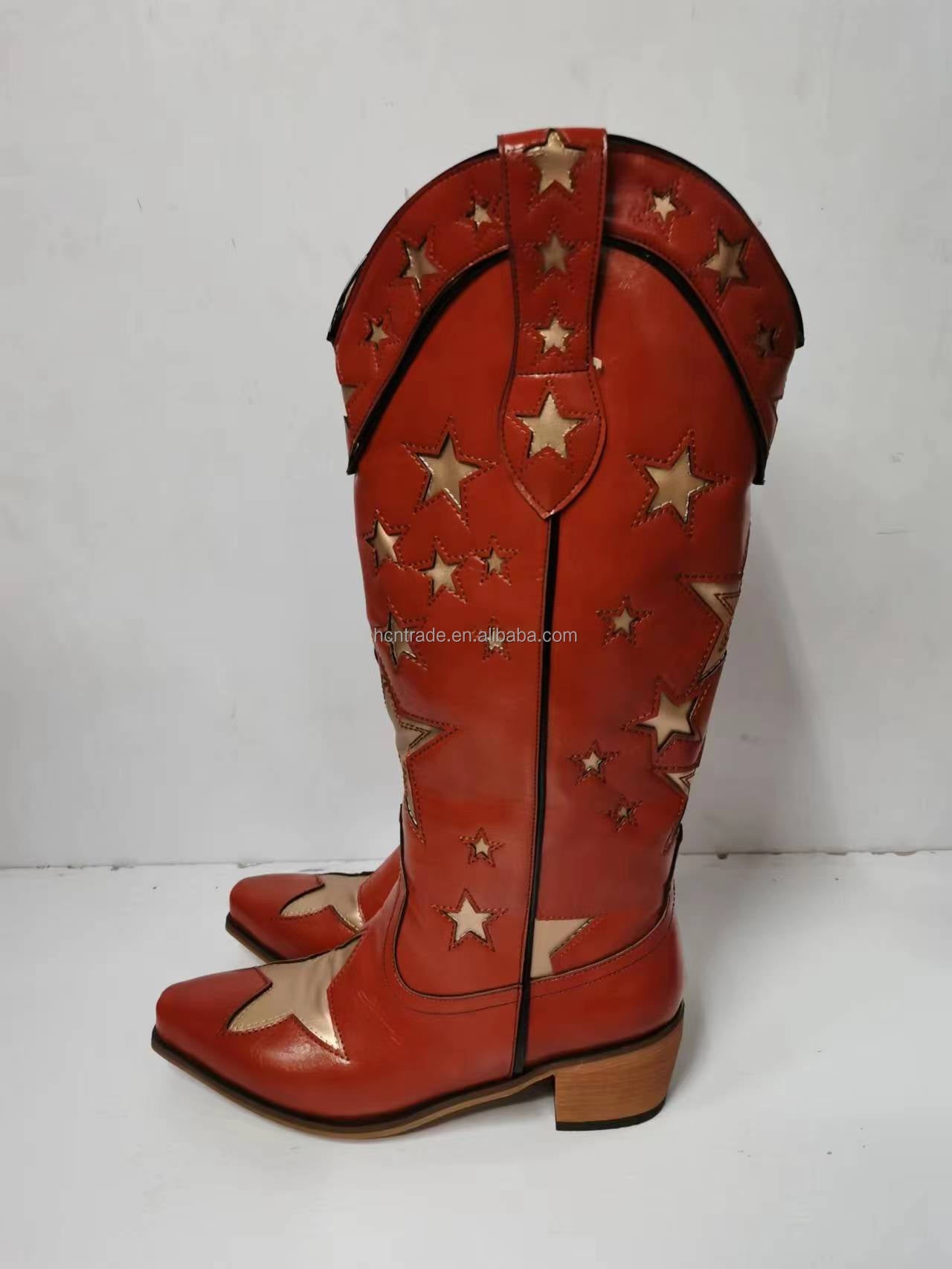 BUSY GIRL XY4068 Womens Western Boots Knee High Classic Star Black Heels Hiking Party Shoes Black Leather Cowboy Boots for Women - NEWYORKLISTED