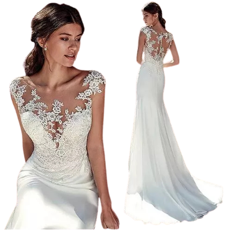 White lace evening gown with a model displaying front and back views on a white background