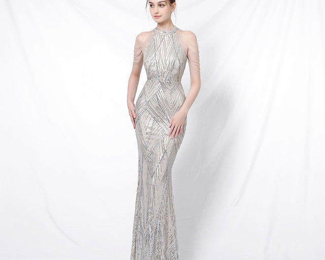 Backless Lace Evening Dress Women Party Long Wear Sequin Fishtail Silk Sexy Dresses Gowns for Women Evening Dresses Elegant - NEWYORKLISTED