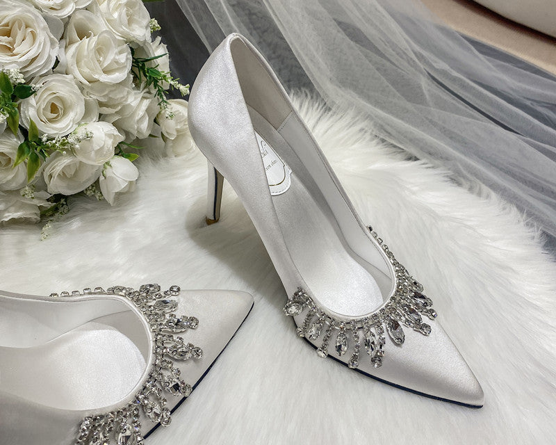 Women Bridal Shoes Silk Satin Wedding Dress Shoes Bridesmaid High Heels Fringe Pearls Bridals Shoes - NEWYORKLISTED
