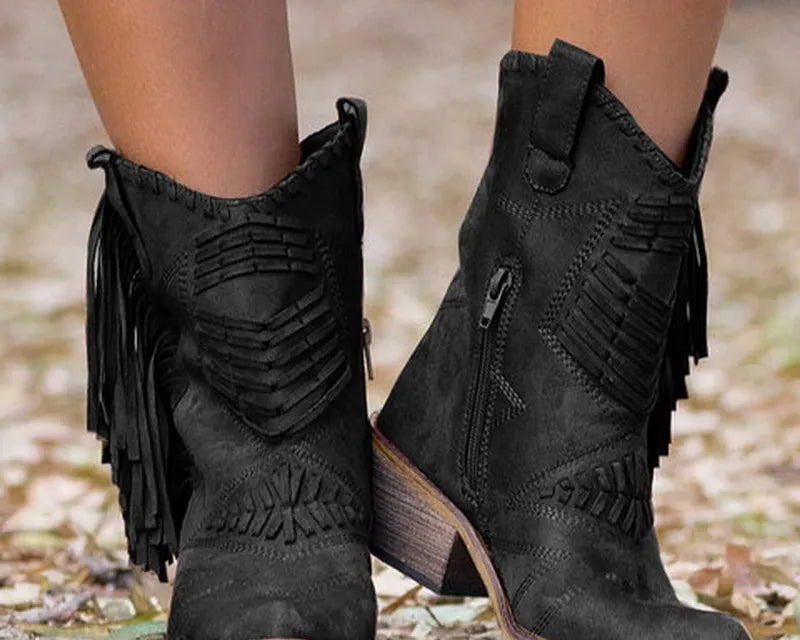 2022 Women Boots Western Cowgirl Fringe Boots Vintage Motorcycle Riding Boots Thick High Heel Leather Plus Size Chaussure Femme - NEWYORKLISTED